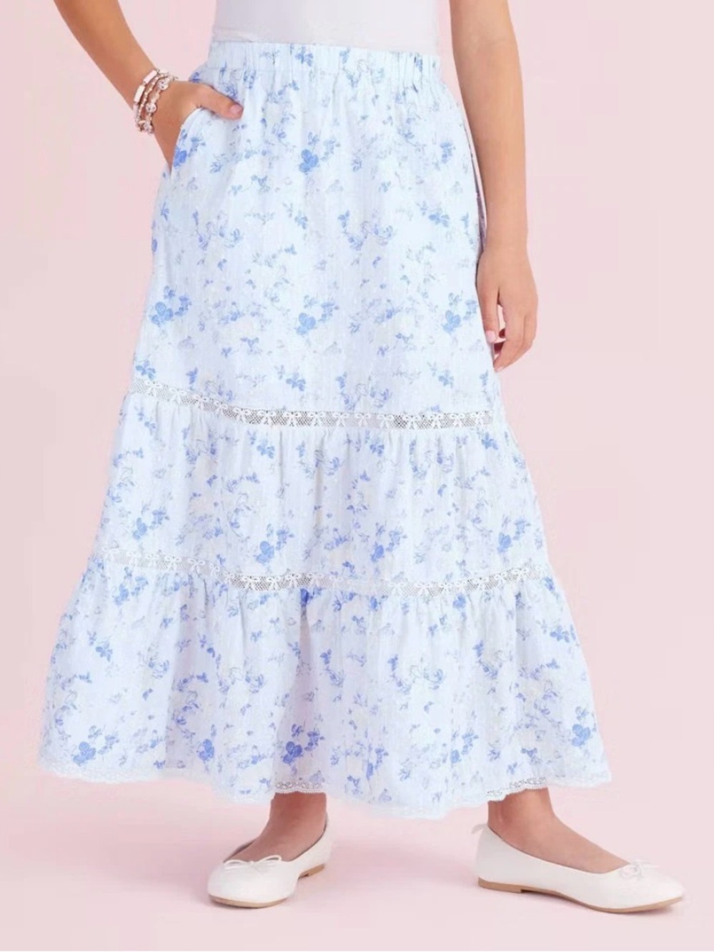 LoveShackFancy Blue 
Girls' Isla Everblooming Rosettes Tiered Maxi Skirt - NWT